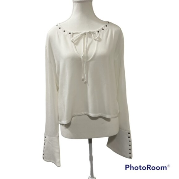 Lulus Womens White Tie Front Cropped Textured Top Studded Bell Sleeve Size Large - Picture 1 of 12